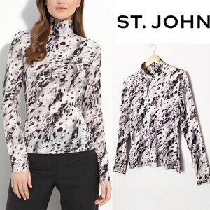 St. John Abstract Animal Print Turtleneck Long Sleeve Top L Stretch Base Layer
